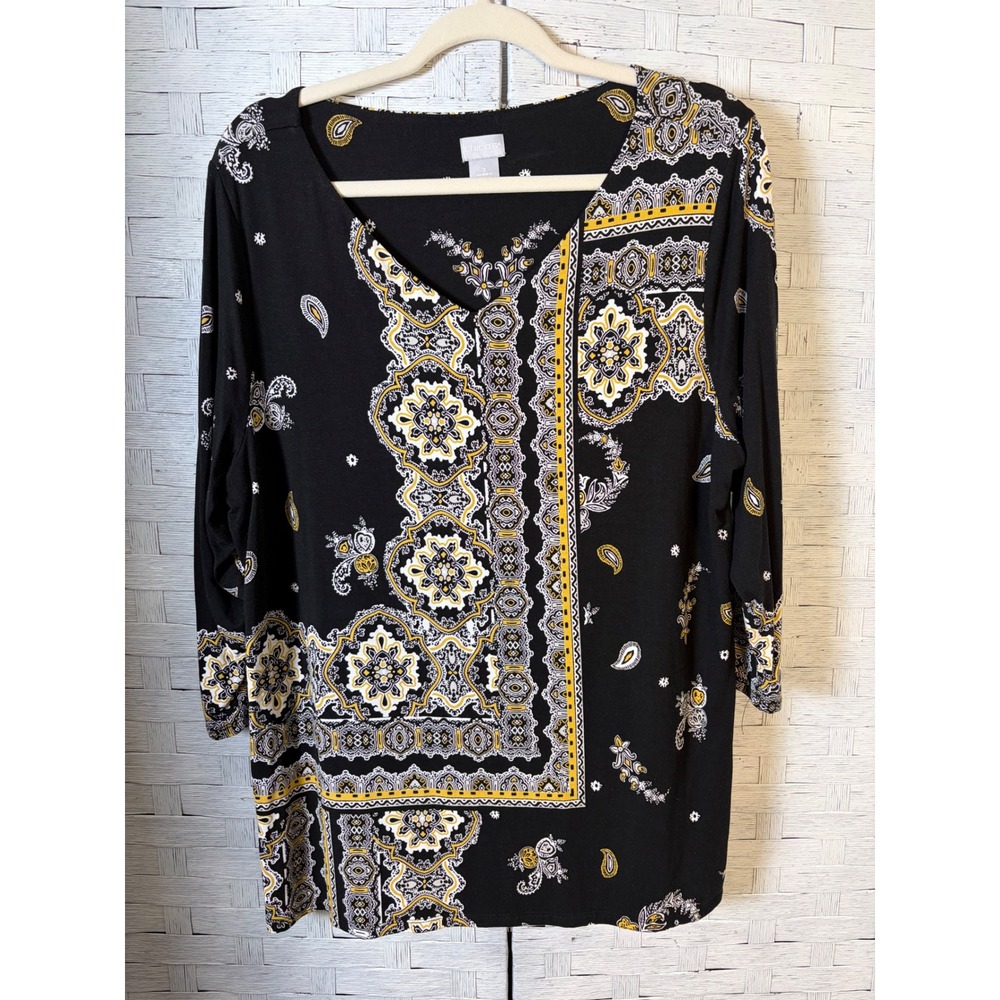 Chicos women's tunic Medallion Paisley Scarf Print  3/4 Sleeve permanent Tradmom